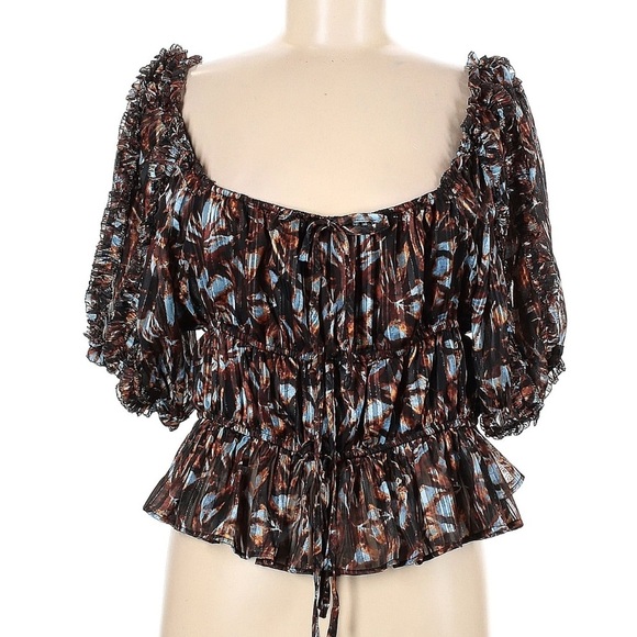 House of Harlow 1960 Revolve Metallic Abstract Puff Sleeve Blouse - Picture 1 of 4